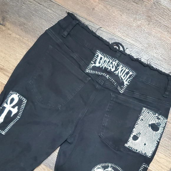 Dolls Kill Current Mood Black Straight Leg Jeans with Graphic Patches - Picture 13 of 13